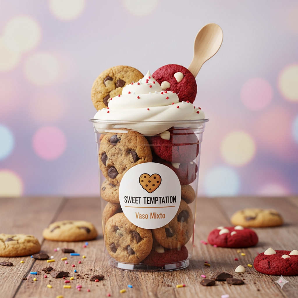 Vaso con mini galletas de chispas de chocolate y red velvet